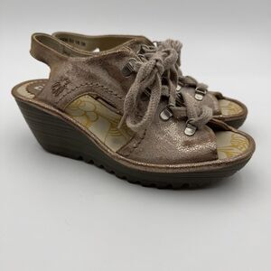 FLY London YIFA Women 38/7.5/8 Gold Leather Lace Up Wedge Sandal Shoes 500742000